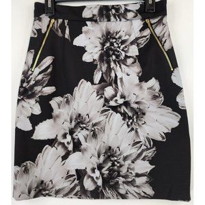 H & M Skirt Womens 8 Black Gray Floral Print Zipper Pockets Pencil Mini